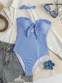 HOTTIE HABIT Women Striped One Piece Swimsuit Blue White Spaghetti Strap Ruffle Trim Bow Cutout High Cut Slim Fit Beach Vacation Pool Swimwear - Blue - View 2