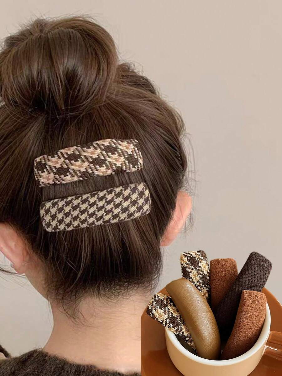 5pcs Women's Vintage Elegant Fabric Houndstooth Minimalist Solid Color PU Leather Sponge Hair Clips