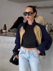 Women Sports Casual Color Block Stand Collar Long Sleeve Zippers Coat Autumn Casual Jacket - Apricot - View 8