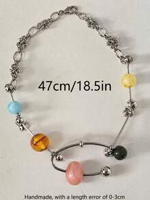 rundraw 1pc Women's Necklace, Silver Metal Colorful Beaded Flower Pendant Personalized Versatile Necklace, Autumn Style Suitable For Daily Wear, Shopping, Party And Gathering - Multicolor - View 4