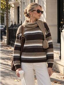 Women's Striped Knit Sweater With Drop Shoulder, Cozy Fall Winter Round Neck Pullover Top With Medium Stretch Fabric For Everyday Comfort - Multicolor - View 4