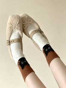 3 Pairs Women's Mid-Calf Socks, All-Season Black Cat Contrast Color Mid-Calf Socks, Fashionable & Minimalist, Soft & Comfortable Fabric, Skin-Friendly & Non-Irritating, Breathable & Non-Stuffy, Suitable For Various Occasions - Multicolor - View 6