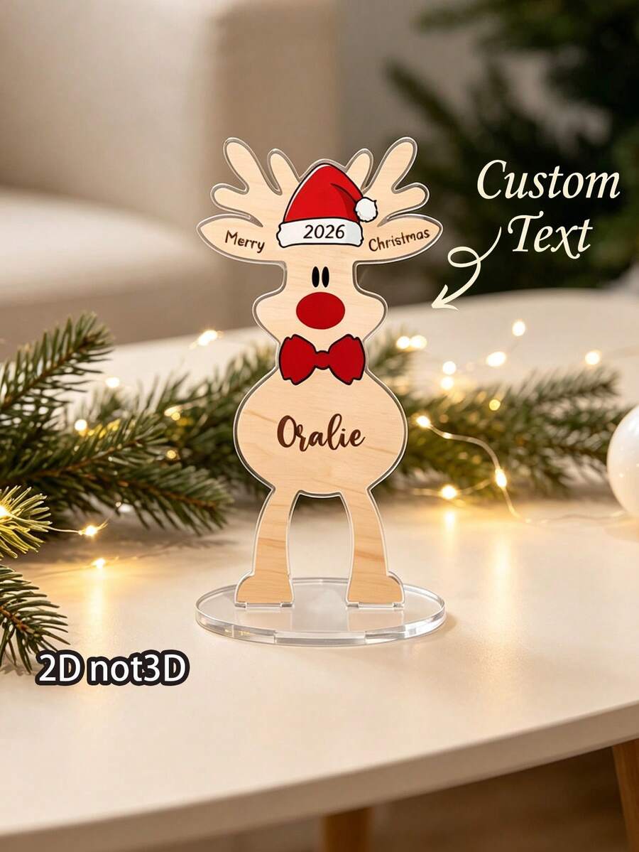 1pc Personalized Reindeer Christmas Tabletop Stand, Custom Name Cute Santa Hat Rudolph Table Decoration, Custom Xmas Desktop Ornament, Holiday Keepsake Gift For Family Home Christmas Decor - Multicolor - View 1