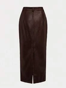 Elegant Commuter Daily Business Old Money Style Leather High Cinched Waist Bodycon Faux Leather Midi Skirt Brown - Brown - View 7
