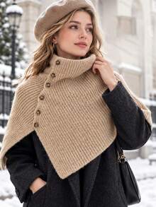 Stylish High-Neck Knitted Wrap Shawl Featuring An Asymmetrical Cut And Side Button Detailing; Warm, Comfortable, And Versatile For Stylish Layering Across All Seasons. - Multicolor - View 3
