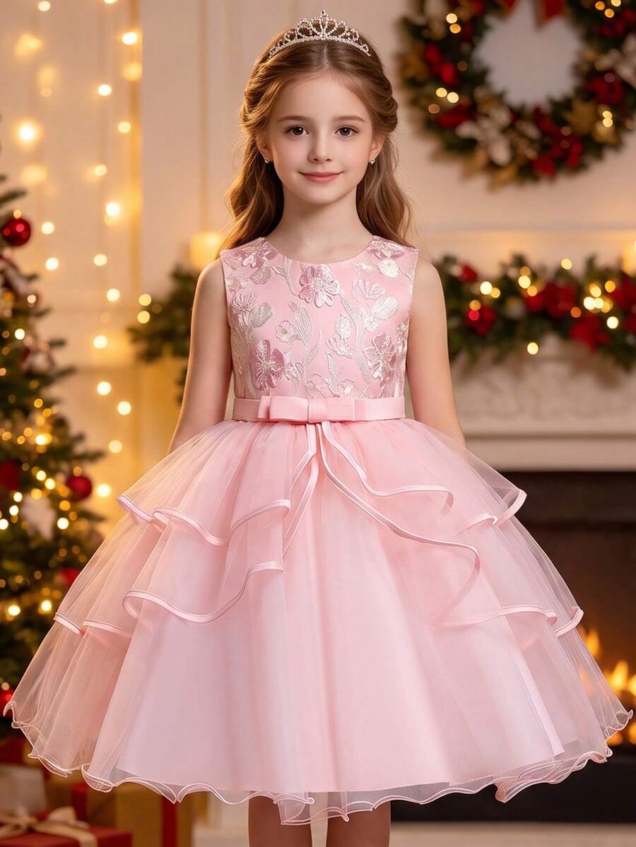 Girls' Luxury Short Party Dress, Flower Girl Dress For Wedding, Birthday Events, All Season - Pink - View 1