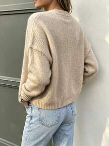 Women's V-Neck Rhinestone Button Loose Long Sleeve Autumn/Winter Casual Fashion Versatile Slouchy Knit Cardigan Sweater - Khaki - View 3
