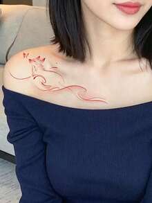 1 Sheet Red Line Art Fox Temporary Tattoo, Delicate Butterfly Fake Tattoo Stickers For Collarbone Shoulder, Water Transfer Body Art Tattoo For Women Party Decor - Red - View 3