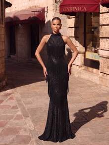 LOVE&LEMONADE Charming Luxury Black Halter Neck Sleeveless Sequin Fringe Mermaid Holiday Party Formal Evening Gown Dress - Black - View 1