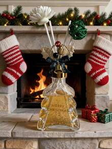 Christmas Tree Shaped Reed Diffuser Aromatherapy Home Fragrance Scented Sticks Flameless Room Freshener Gold Glitter Liquid Navy Blue Ribbon Gold Bell Bead Chain Pinecone Green Rattan Ball White Lotus Nook Peace Holiday Gift - Gardenia - View 2