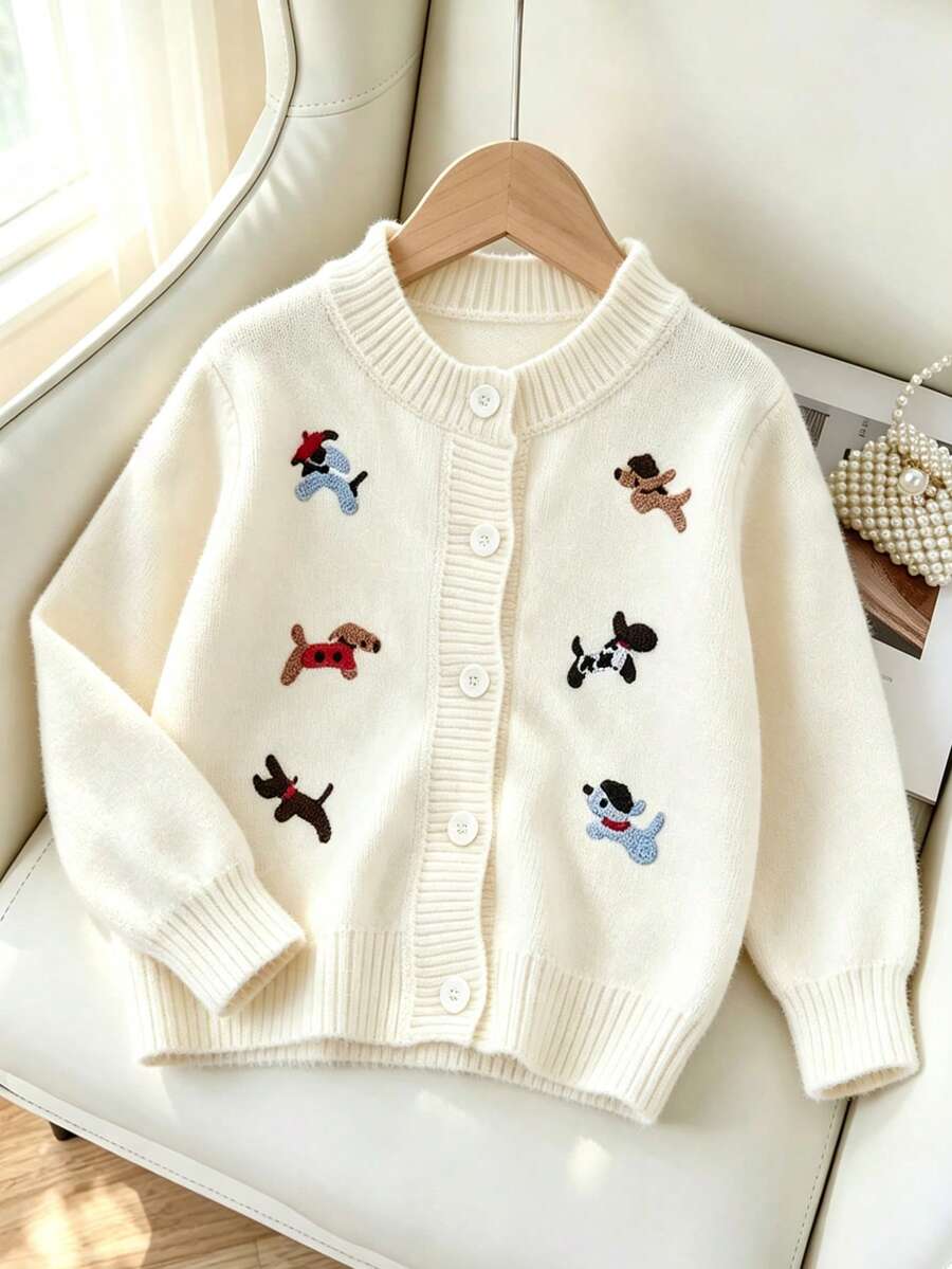 Cárdigan de punto con bordado de cachorro nuevo de otoño para niñas, chaqueta de punto de dibujos animados versátil y elegante para niños pequeños - Blanco - Ver 1