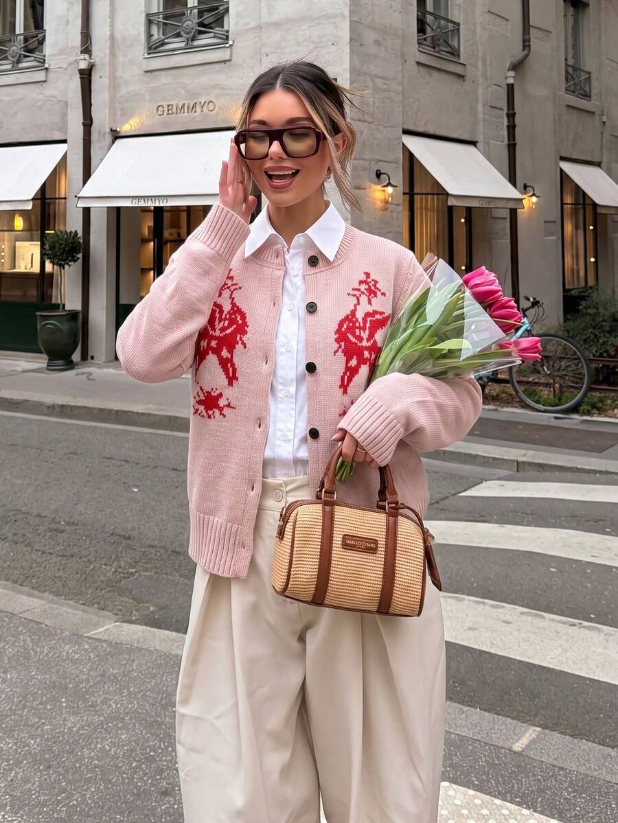 Red Mythical Creature Print Pink Sweater Cardigan, Button Front, Round Neck, Long Sleeves, Soft Knit, Casual Fall Cardigan For Women, Vintage Style - Pink - View 1