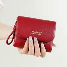 1pc-Baellerry Women's Short Flap Wallet, PU Leather Purse, 6 Card Slots + ID Photo Slot + Zipper Coin Pocket, With Wrist Strap, Portable Travel Outdoor Daily Multi-Compartment Card Holder - Multicolor - View 7