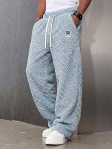 Men's Casual Sports Fleece Lounge Pants, Straight Leg, Drawstring Waist, Polyester Material, Casual Long Pants, Available In Multiple Colors, Unisex - Baby Blue - View 2