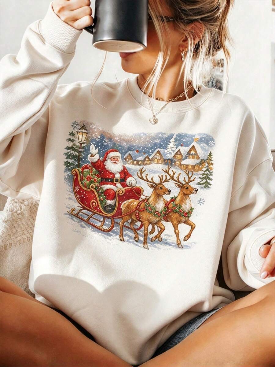 Sweat-shirt-shirt vintage grande taille pour femmes avec motif traîneau de Père Noël et rennes, col ras-du-cou rétro de Noël, manches longues, pull ample pour fête de vacances d'hiver - Nude - Voir 1