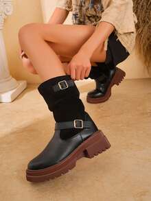 Women's Double Buckle Patchwork Slouch Mid-Calf Boots, Thick Sole Serrated Chunky Heel Side Zipper Western Style Riding Boots, 4 Colors Available For Autumn/Winter - Black - View 2
