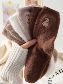 3 Pairs Warm & Comfortable Cute Bear Embroidery Pattern Women's Fuzzy Mid-Calf Socks, Suitable For Autumn/Winter - Multicolor - View 2