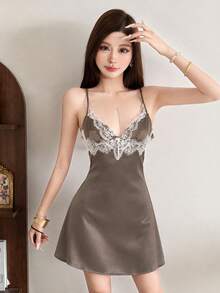 Top Dazzle Elegant Women's Sleeveless Cami Short Dress With Deep V Neck And Delicate Ruffle Lace Details For A Seductive Look - Brown - View 1