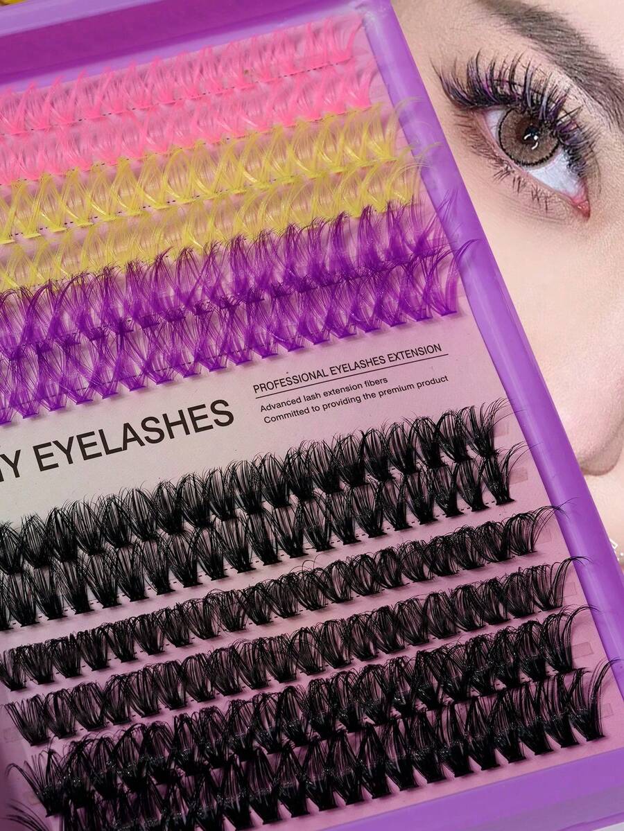 Mixed Color Design, Multi-Length Combination, Pink, Yellow, Purple + Black Segmented Eyelashes, Create Gradient Layered Eye Makeup - View 1