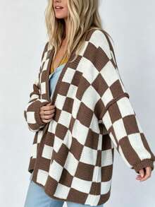 Women's Autumn/Winter Checkerboard V-Neck Contrast Color Cardigan Sweater, Loose Fit Lantern Sleeve Plus Size Slouchy Dropped Shoulder Mid-Length Knit Jacket, Suitable For Autumn/Winter Wear - Coffee Brown - View 4