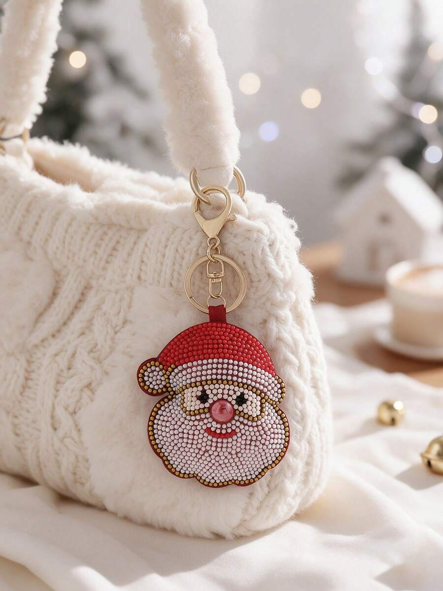 1pc Christmas Vintage Cute Rhinestone & Bead Santa Claus Snowman Keychain, 3D Gift Box Sock Bell Design Bag Charm, Unisex Christmas Gift Accessory - Multicolor - View 1