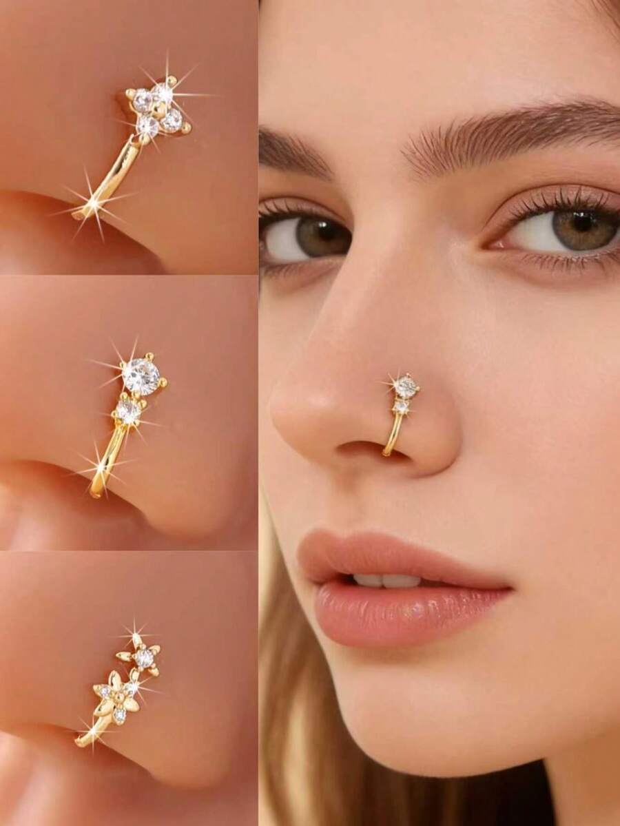 3pcs U-Shaped Fake Nose Piercing Rings, Bohemian Style New No-Drill Nose Rings, Suitable For Daily Wear, Women's Jewelry - Multicolor - View 1