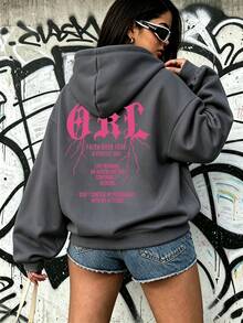 Punk Style Letter Print Pullover Sweatshirt, Loose Fit Versatile Niche Personalized Thermal Lined Top. Casual Fall - Dark Grey - View 3