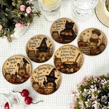 Halloween Cartoon Black Cat & Ghost Coaster Set, Round Printed Heat-Resistant Pads, Festive Table Decor, Cute Halloween Gift - PET Coaster-2770 - View 9