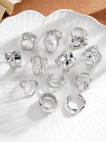 12pcs Exaggerated Old Money Style Asymmetrical Geometric Faux Pearl Rings Set, Women's Daily Wear, Date, Party, Versatile Accessories, Perfect Gift For Birthday, Female Friends - Silver - View 3