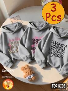 Autumn/Winter 3 Pieces Set Girls' Hooded Sweatshirt, Leopard Print, Pink Lettering, Black Slogan, Y2K Style - Heather Gray+Heather Gray+Heather Gray - View 2