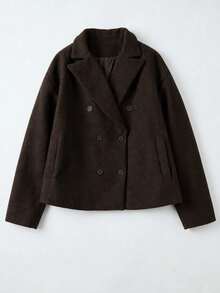 Dark Brown Double-Breasted Short Overcoat Women, Large Lapel Loose Silhouette Commuter Overcoat, Women's Overcoat, Autumn/Winter - Brown - View 4