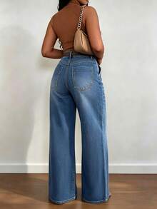 Women's Casual Minimalist Versatile High-Waisted Straight Leg Washed Solid Color Denim Jeans, Suitable For Daily Wear - Medium Wash - View 4