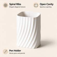 Cream White Twill Rotating Pen Holder, Square Twisted Stripe Stationery Storage Cup, Multi-Functional Makeup Brush Desktop Organizer, Nordic Minimalist Office Study Creative Decor, Gift For Best Friend And Classmate Back To School, Hotel Model Room Home Soft Furnishing Display - View 2