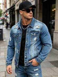 Men's Mid-Wash Denim Trucker Jacket, Distressed Ripped Faded Cat-Whisker Effect, Button Front, Flap Pockets, Non-Stretch Vintage Streetwear Style - Royal Blue - View 1