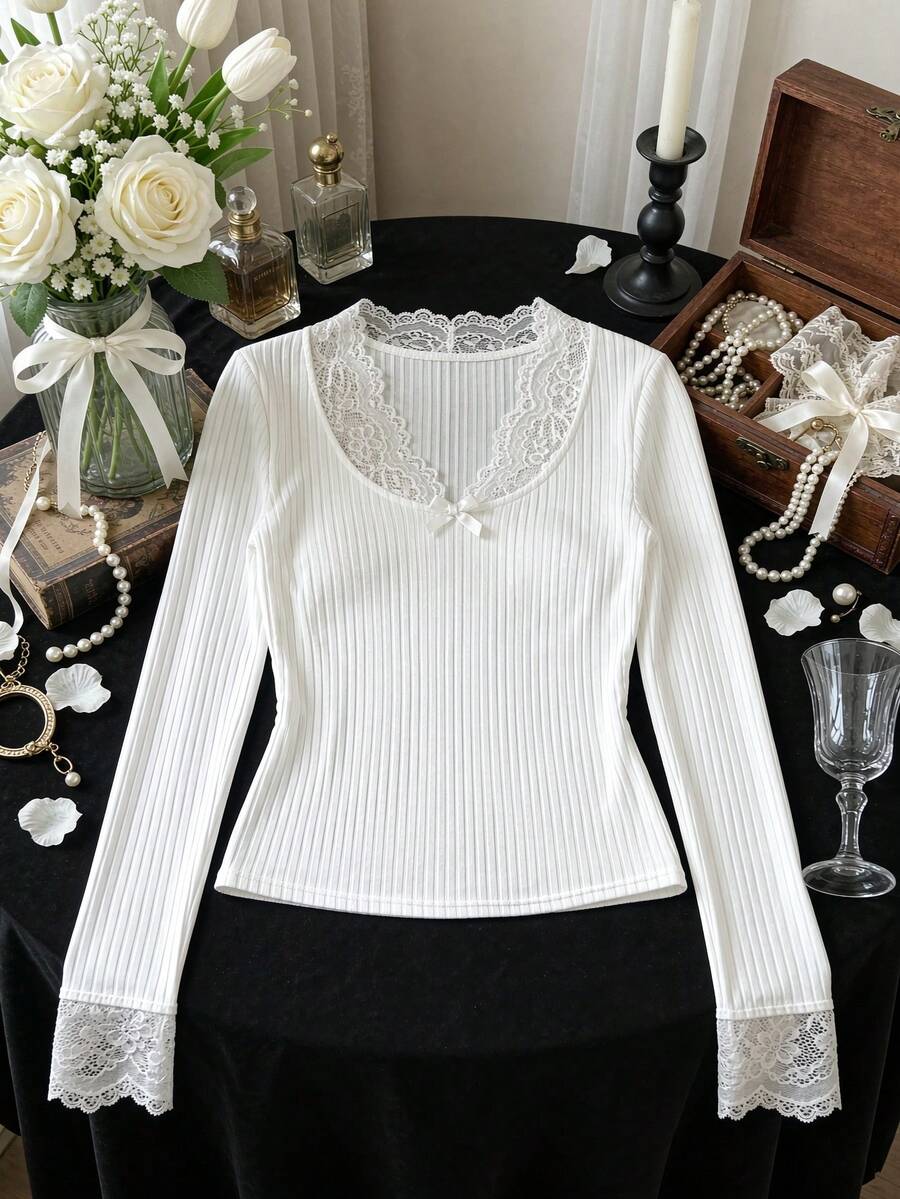 Elegant White Lace Ribbed Knit Pajamas, Spring/Summer Style, Sexy V-Neck Long Sleeve T-Shirt With Bow, Wedding Winter Style - White - View 1