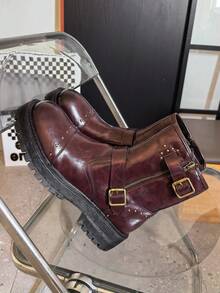 Vintage Rivet Motorcycle Boots For Men, Double Buckle Design With Side Zipper, Thick Sole Short Shaft Boots, Street Workwear Boots, Fashion Chelsea Boots - Brown - View 4