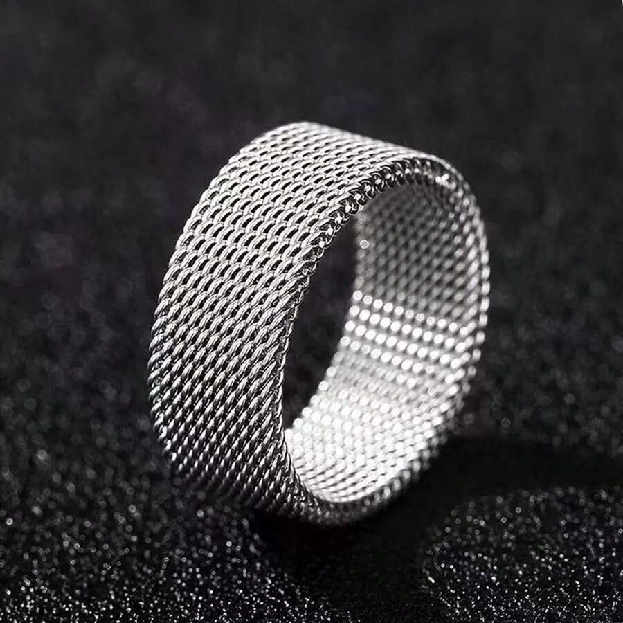 1pc Stainless Steel Flexible Mesh Ring, Personalized Braided Adjustable Finger Ring, Versatile Couple Ring, Silver Wide Plain Band Ring - Silver - View 1