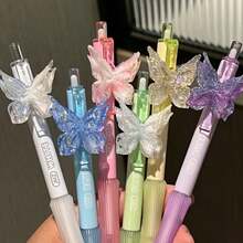 6pcs Cute Butterfly Retractable Neutral Pens, Butterfly Decorated Click Pens, 0.5mm Black Ink Writing Pens, Stationery Gift, School And Office Supplies - Multicolor - View 1