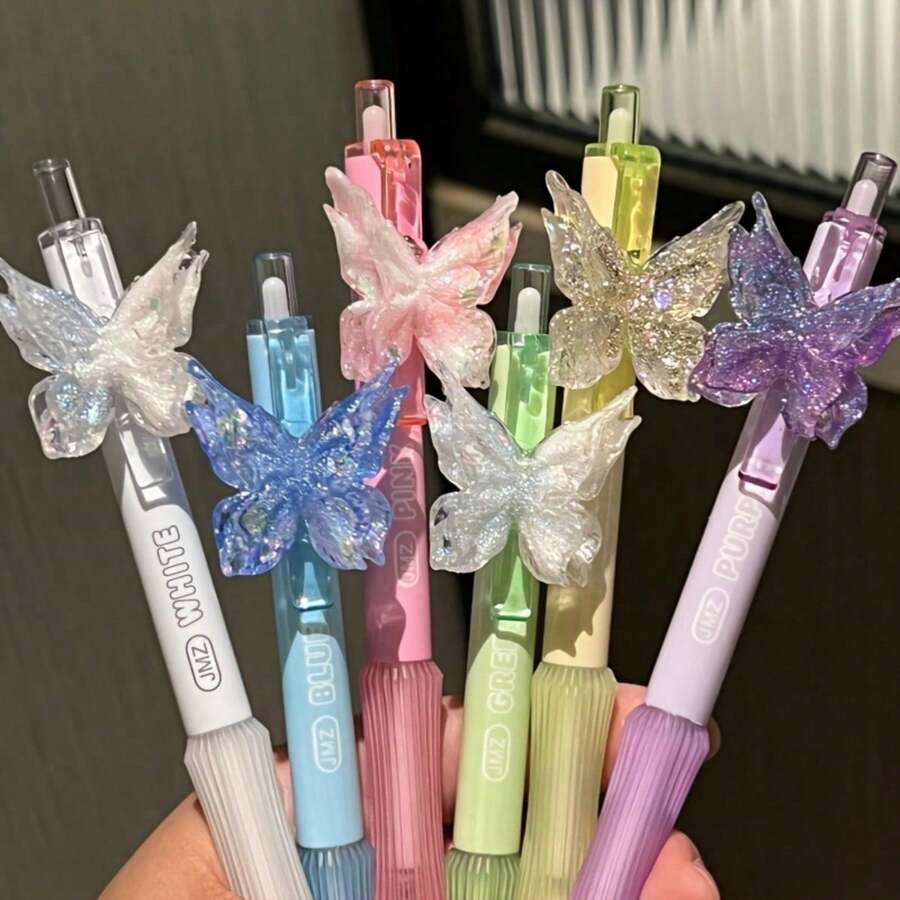 6pcs Cute Butterfly Retractable Neutral Pens, Butterfly Decorated Click Pens, 0.5mm Black Ink Writing Pens, Stationery Gift, School And Office Supplies - Multicolor - View 1