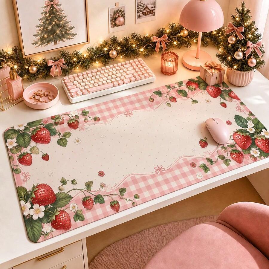 1 buah Alas Mouse Motif Kotak-kotak Stroberi Merah Muda, Alas Meja Panjang Motif Buah dan Bunga Vintage untuk Kantor Rumah dan Bermain Game - View 1