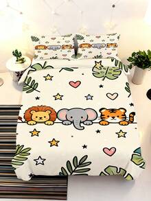 2/3PCS Cartoon Jungle Animals Duvet Cover Set, Cute Lion Elephant Tiger Bedding Set For Kids, Tropical Leaves Heart Star Pattern Bed Set(Twin/Queen/King Size) - Multicolor - View 6