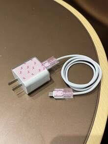 3pcs Set US Standard Charger Head Cable Protector Anti-Breakage Sleeve, Fashion Decorative Charger Accessories, Painted Pink Striped Bow Pattern. Suitable For 18W/20W Apple Charger Power Adapter, Protective Cover, Transparent Anti-Shatter Cover, Protects Phone And Charger, Cable Protective Sleeve (Protective Sleeve Only, Charger And Data Cable For Display Only) - Multicolor - View 5