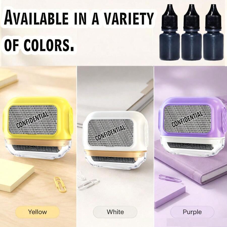 New Wide Anti-Identity Theft Protection Roller Stamp + 3 Refill Bottles Set, Protect Your Privacy And Security (Dream Purple/Warm Yellow/Moon White) Morandi Color Privacy Confidentiality Stamp, Best Friend Gift - Morandi Large Window Privacy Stamp + 3 Refill Set - A005 - View 1