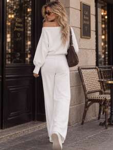 Women's Fall Winter White Knit Sweater 2 Pieces Set, Off Shoulder Long Sleeve Pullover Jumper And Wide Leg Long Pants, Casual Going Out School Outfit - White - View 2
