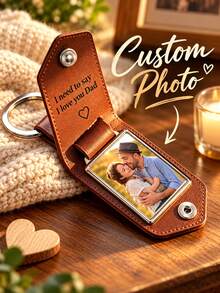 Personalized Men's Keychain With Photo, Customized Name And Photo Keychain Metal Tag Photo Keychain, Personalized Name Keychain, Engraved Keychain, Father's Day Gift, Husband Gift, Anniversary Men's Gift - C-father's Day Leather Keychain - View 2