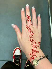 1 Sheet Red Henna Style Vine Floral Temporary Tattoo, Scroll Leaf Fake Tattoo Stickers For Ankle Foot, Water Transfer Body Art Tattoo For Women Body Decor - Red - View 3