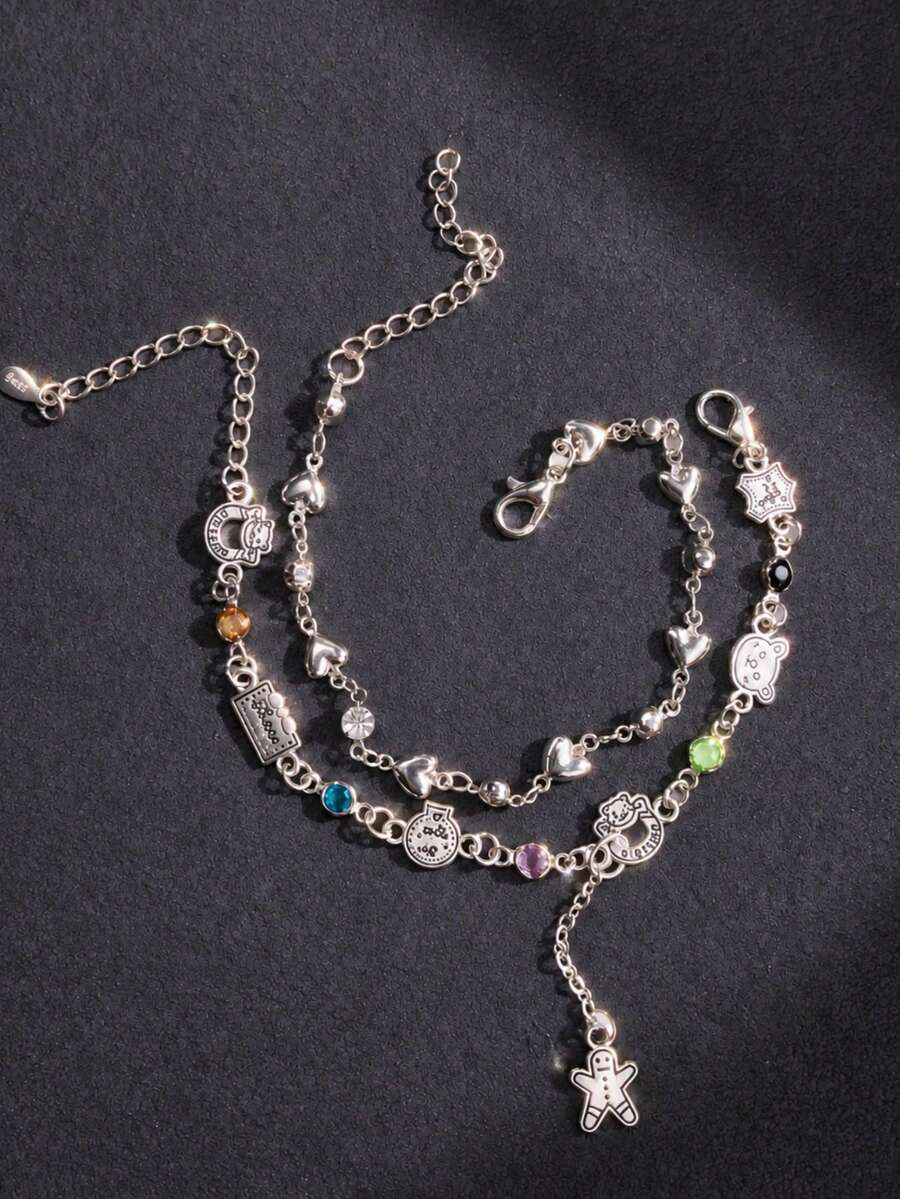 2pcs/Set Fashion Retro Personalized Y2K Unique Cute Gingerbread Man Heart Chain Bracelet, Women's Summer Versatile Holiday Party Beach Vacation Dance Jewelry - Multicolor - View 1