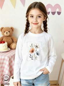 Girls' Cute Printed Long-Sleeve Casual Sports T-Shirt With Set-In Sleeves And A Round Neckline - White - View 3