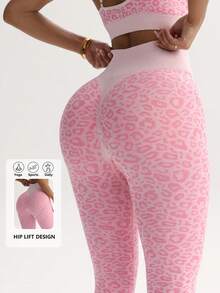 Autumn, Back To School, Shaping Pants, Waist Sculpting & Butt Lifting, Leopard Print - Pink - View 3