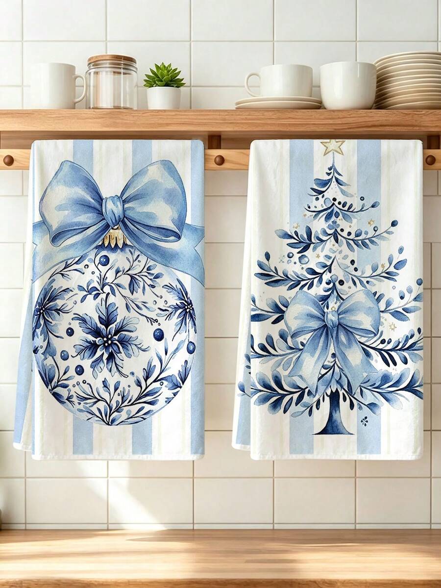 4pcs Kitchen Absorbent Towels, Made Of Polyester Material, Printed With Christmas Wreath, Christmas Tree, Bow Patterns, Suitable For Kitchen, Bathroom, Ideal Choice For Housewives And Family Gatherings, High Cost-Performance Home Goods, Great For Daily Decoration And Room Decor. - Multicolor - View 1